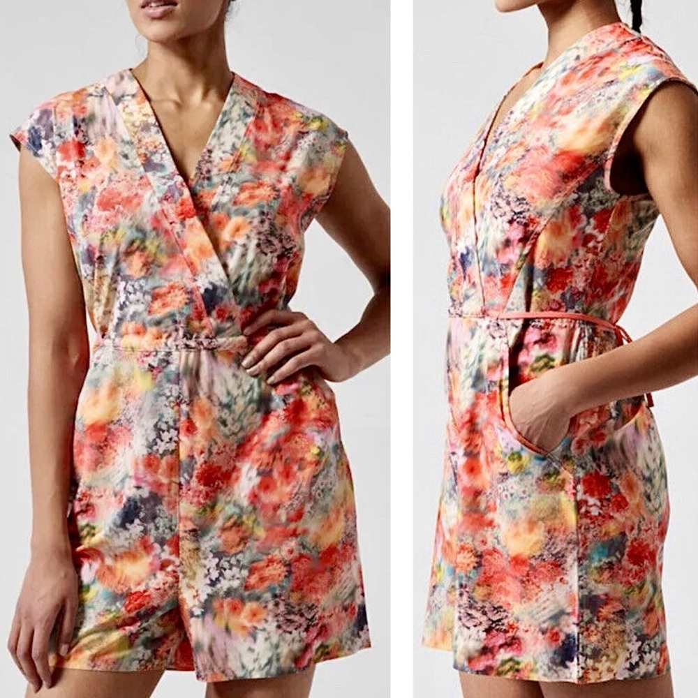 Athleta NEW Marlow Romper Renewed Bloom Pink Floral Attached Waist Tie S, M, XL